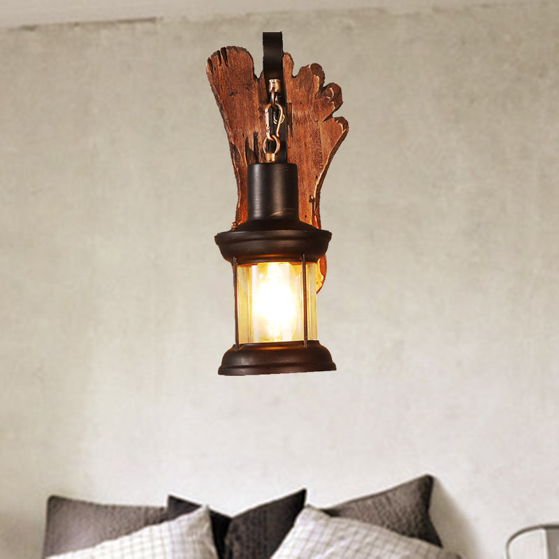 Kerosene Dining Room Wall Lamp Coastal Clear Glass 1 Light Black Sconce Light Fixture with Wooden Foot/Axe Backplate Clearhalo 'Industrial wall lights' 'Industrial' 'Middle century wall lights' 'Tiffany' 'Wall Lamps & Sconces' 'Wall Lights' Lighting' 207651