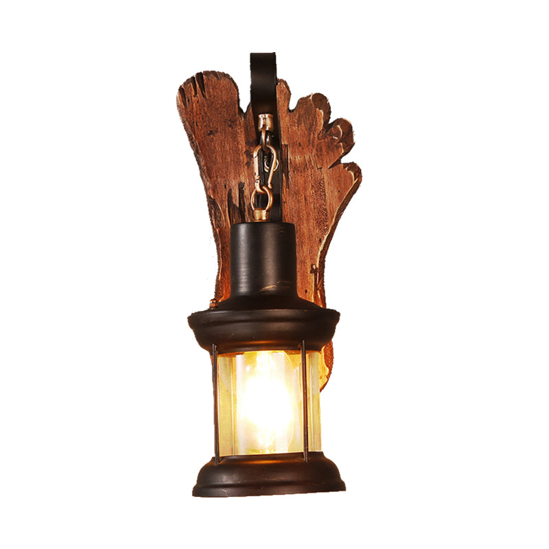 Kerosene Dining Room Wall Lamp Coastal Clear Glass 1 Light Black Sconce Light Fixture with Wooden Foot/Axe Backplate Clearhalo 'Industrial wall lights' 'Industrial' 'Middle century wall lights' 'Tiffany' 'Wall Lamps & Sconces' 'Wall Lights' Lighting' 207652