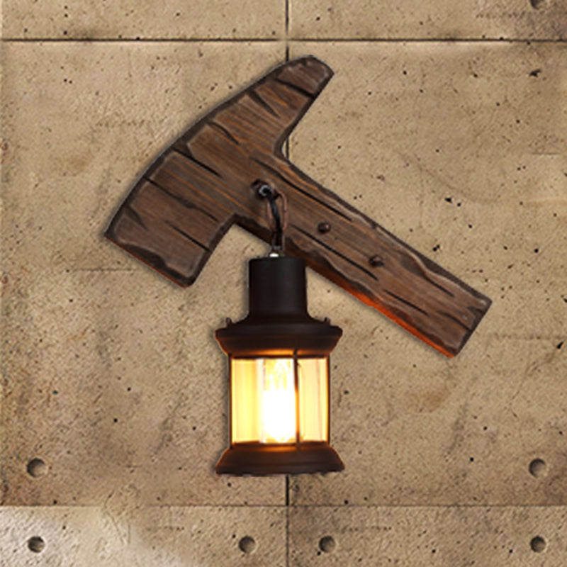 Kerosene Dining Room Wall Lamp Coastal Clear Glass 1 Light Black Sconce Light Fixture with Wooden Foot/Axe Backplate Black Axe Clearhalo 'Industrial wall lights' 'Industrial' 'Middle century wall lights' 'Tiffany' 'Wall Lamps & Sconces' 'Wall Lights' Lighting' 207654