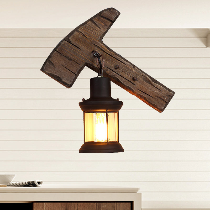 Kerosene Dining Room Wall Lamp Coastal Clear Glass 1 Light Black Sconce Light Fixture with Wooden Foot/Axe Backplate Clearhalo 'Industrial wall lights' 'Industrial' 'Middle century wall lights' 'Tiffany' 'Wall Lamps & Sconces' 'Wall Lights' Lighting' 207655