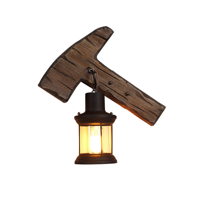 Kerosene Dining Room Wall Lamp Coastal Clear Glass 1 Light Black Sconce Light Fixture with Wooden Foot/Axe Backplate Clearhalo 'Industrial wall lights' 'Industrial' 'Middle century wall lights' 'Tiffany' 'Wall Lamps & Sconces' 'Wall Lights' Lighting' 207656