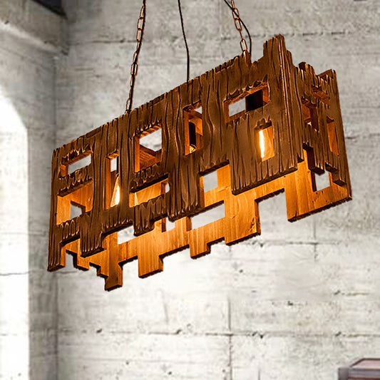 Brown Rectangle Pendant Fixture Antique Etched Wood 1/2/3-Light Dining Room Hanging Ceiling Light 3 Brown Clearhalo 'Ceiling Lights' 'Island Lights' Lighting' 207677