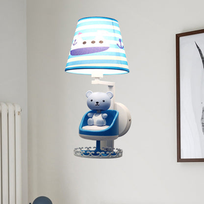 Nursing Room Toy Bear Wall Light with Ship Fabric 1 Head Kids Blue Sconce Light Blue Clearhalo 'Wall Lamps & Sconces' 'Wall Lights' Lighting' 207687