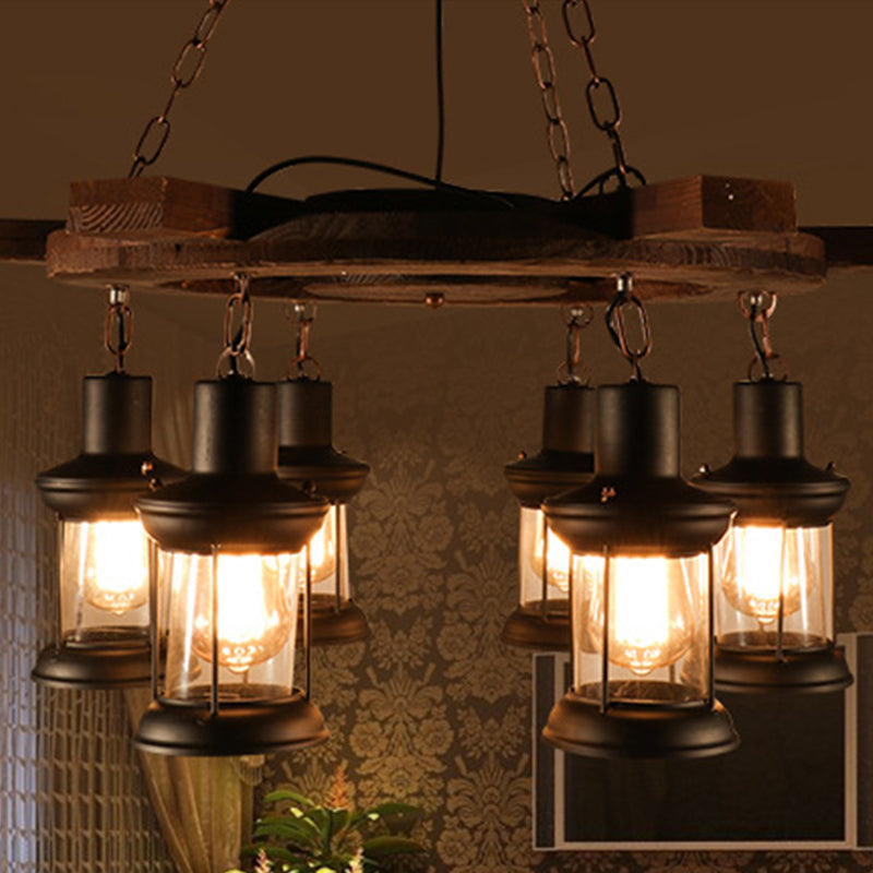 3/6-Bulb Ceiling Lamp with Lantern Shade Clear Glass Industrial Dining Room Chandelier Pendant Light in Black 6 Black Clearhalo 'Carpenter Chandeliers' 'Ceiling Lights' 'Chandeliers' 'Industrial Chandeliers' 'Industrial' 'Middle Century Chandeliers' 'Modern' 'Tiffany' Lighting' 207689