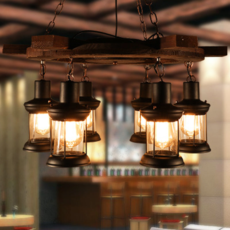 3/6-Bulb Ceiling Lamp with Lantern Shade Clear Glass Industrial Dining Room Chandelier Pendant Light in Black Clearhalo 'Carpenter Chandeliers' 'Ceiling Lights' 'Chandeliers' 'Industrial Chandeliers' 'Industrial' 'Middle Century Chandeliers' 'Modern' 'Tiffany' Lighting' 207690