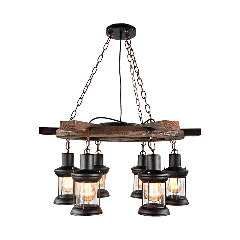 3/6-Bulb Ceiling Lamp with Lantern Shade Clear Glass Industrial Dining Room Chandelier Pendant Light in Black Clearhalo 'Carpenter Chandeliers' 'Ceiling Lights' 'Chandeliers' 'Industrial Chandeliers' 'Industrial' 'Middle Century Chandeliers' 'Modern' 'Tiffany' Lighting' 207691