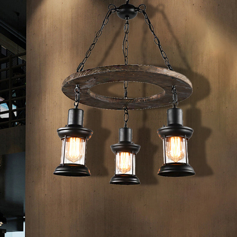 3/6-Bulb Ceiling Lamp with Lantern Shade Clear Glass Industrial Dining Room Chandelier Pendant Light in Black Clearhalo 'Carpenter Chandeliers' 'Ceiling Lights' 'Chandeliers' 'Industrial Chandeliers' 'Industrial' 'Middle Century Chandeliers' 'Modern' 'Tiffany' Lighting' 207694