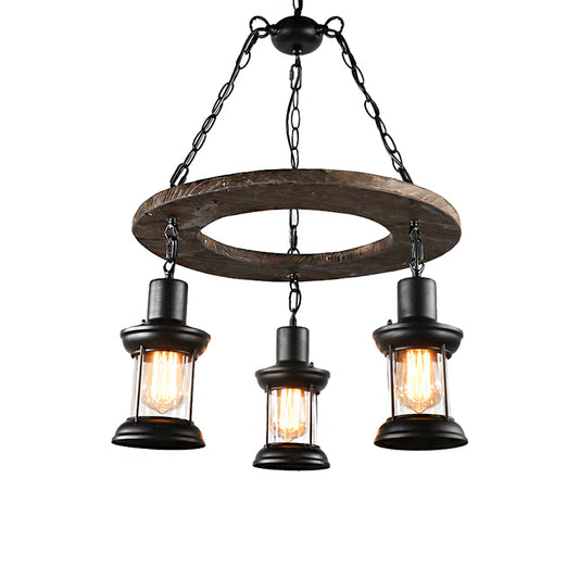 3/6-Bulb Ceiling Lamp with Lantern Shade Clear Glass Industrial Dining Room Chandelier Pendant Light in Black Clearhalo 'Carpenter Chandeliers' 'Ceiling Lights' 'Chandeliers' 'Industrial Chandeliers' 'Industrial' 'Middle Century Chandeliers' 'Modern' 'Tiffany' Lighting' 207695