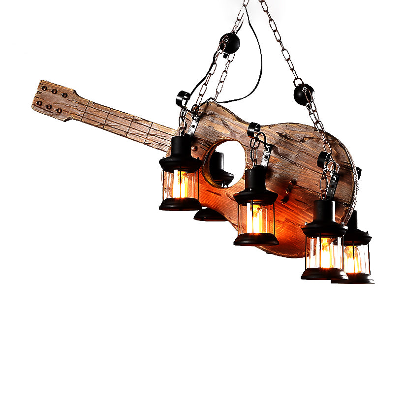 6-Light Clear Glass Hanging Chandelier Coastal Brown Lantern Living Room Pendant Light Fixture with Wooden Instrument Clearhalo 'Carpenter Chandeliers' 'Ceiling Lights' 'Chandeliers' 'Industrial Chandeliers' 'Industrial' 'Middle Century Chandeliers' 'Modern' 'Tiffany' Lighting' 207701
