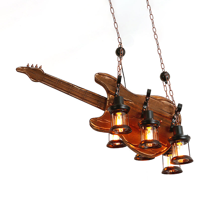 6-Light Clear Glass Hanging Chandelier Coastal Brown Lantern Living Room Pendant Light Fixture with Wooden Instrument Clearhalo 'Carpenter Chandeliers' 'Ceiling Lights' 'Chandeliers' 'Industrial Chandeliers' 'Industrial' 'Middle Century Chandeliers' 'Modern' 'Tiffany' Lighting' 207705