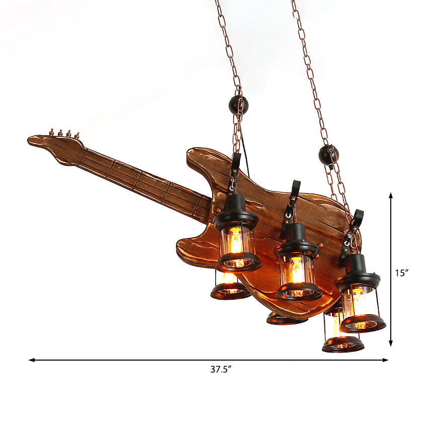 6-Light Clear Glass Hanging Chandelier Coastal Brown Lantern Living Room Pendant Light Fixture with Wooden Instrument Clearhalo 'Carpenter Chandeliers' 'Ceiling Lights' 'Chandeliers' 'Industrial Chandeliers' 'Industrial' 'Middle Century Chandeliers' 'Modern' 'Tiffany' Lighting' 207706