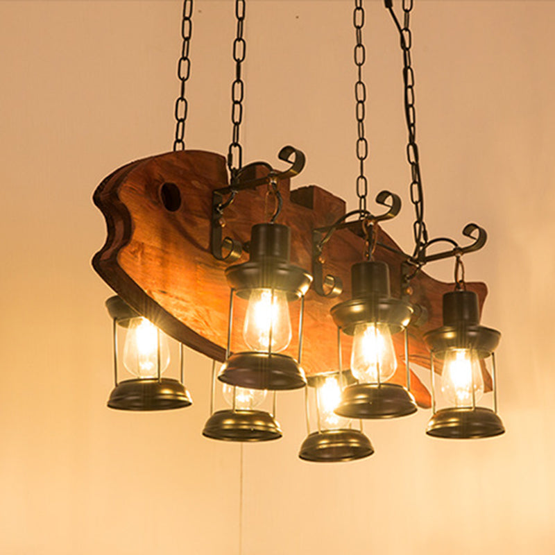 6-Bulb Ceiling Lamp with Lantern Shade Metal Coastal Living Room Chandelier in Black with Rectangle/Fish Clearhalo 'Carpenter Chandeliers' 'Ceiling Lights' 'Chandeliers' 'Industrial Chandeliers' 'Industrial' 'Middle Century Chandeliers' 'Modern' 'Tiffany' Lighting' 207727