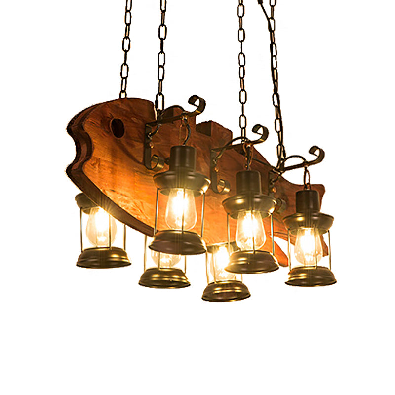 6-Bulb Ceiling Lamp with Lantern Shade Metal Coastal Living Room Chandelier in Black with Rectangle/Fish Clearhalo 'Carpenter Chandeliers' 'Ceiling Lights' 'Chandeliers' 'Industrial Chandeliers' 'Industrial' 'Middle Century Chandeliers' 'Modern' 'Tiffany' Lighting' 207728