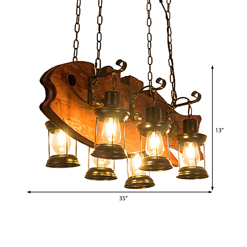 6-Bulb Ceiling Lamp with Lantern Shade Metal Coastal Living Room Chandelier in Black with Rectangle/Fish Clearhalo 'Carpenter Chandeliers' 'Ceiling Lights' 'Chandeliers' 'Industrial Chandeliers' 'Industrial' 'Middle Century Chandeliers' 'Modern' 'Tiffany' Lighting' 207729