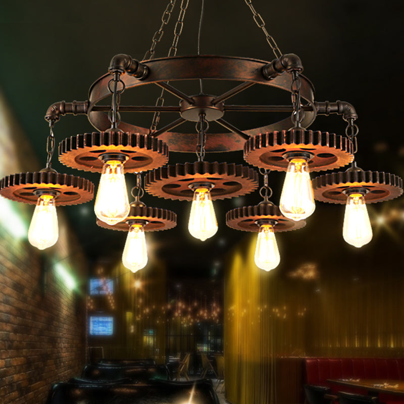 Antique Copper 7 Lights Chandelier Light Fixture Retro Industrial Metal Gear Shaped Pendant Lamp Weathered Copper Clearhalo 'Cast Iron' 'Ceiling Lights' 'Chandeliers' 'Industrial Chandeliers' 'Industrial' 'Metal' 'Middle Century Chandeliers' 'Rustic Chandeliers' 'Tiffany' Lighting' 207741