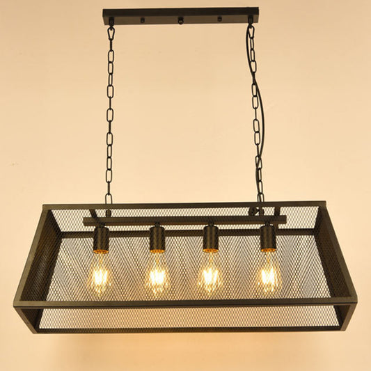 4 Light Rectangular Frame Island Lighting Industrial Black Metal Pendant Light Fixture with Chain/Downrods Black Chain Clearhalo 'Ceiling Lights' 'Island Lights' Lighting' 207752