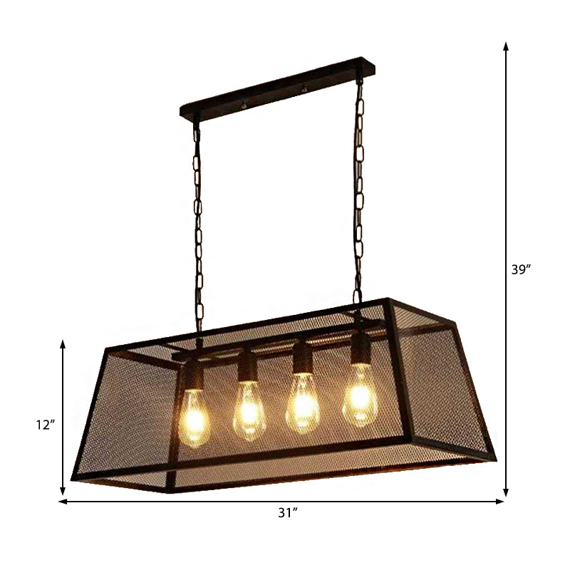 4 Light Rectangular Frame Island Lighting Industrial Black Metal Pendant Light Fixture with Chain/Downrods Clearhalo 'Ceiling Lights' 'Island Lights' Lighting' 207755