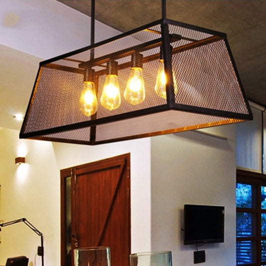 4 Light Rectangular Frame Island Lighting Industrial Black Metal Pendant Light Fixture with Chain/Downrods Black Downrods Clearhalo 'Ceiling Lights' 'Island Lights' Lighting' 207756