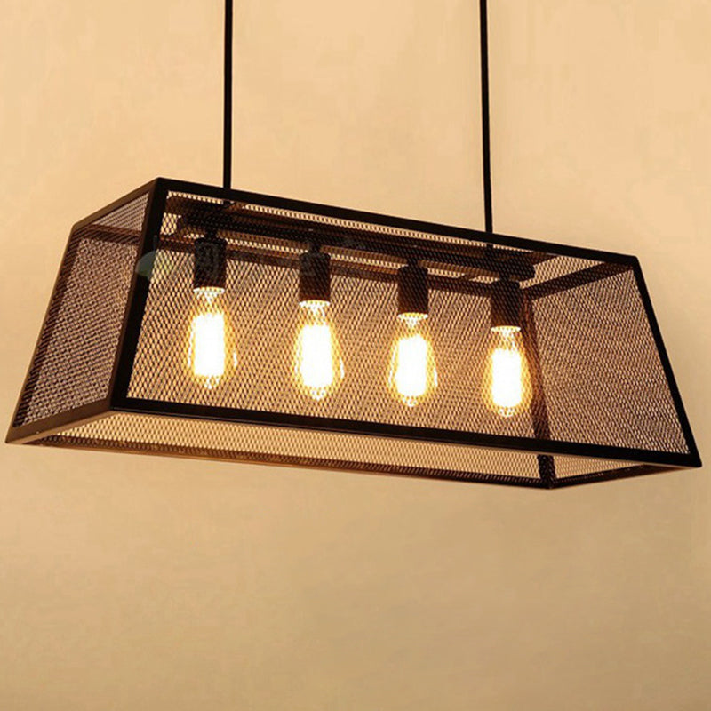 4 Light Rectangular Frame Island Lighting Industrial Black Metal Pendant Light Fixture with Chain/Downrods Clearhalo 'Ceiling Lights' 'Island Lights' Lighting' 207757