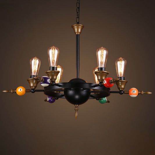Exposed Bulb Metal Chandelier Lighting Industrial 4/6 Light Dining Room Pendant Lighting in Black with Wheel Shelf 6 Black Clearhalo 'Cast Iron' 'Ceiling Lights' 'Chandeliers' 'Industrial Chandeliers' 'Industrial' 'Metal' 'Middle Century Chandeliers' 'Rustic Chandeliers' 'Tiffany' Lighting' 207759
