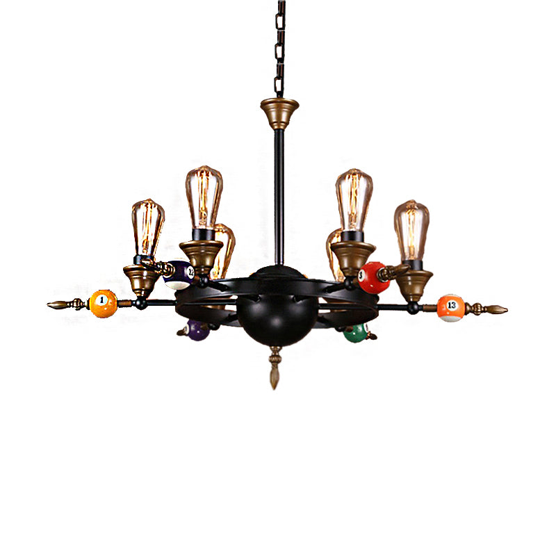 Exposed Bulb Metal Chandelier Lighting Industrial 4/6 Light Dining Room Pendant Lighting in Black with Wheel Shelf Clearhalo 'Cast Iron' 'Ceiling Lights' 'Chandeliers' 'Industrial Chandeliers' 'Industrial' 'Metal' 'Middle Century Chandeliers' 'Rustic Chandeliers' 'Tiffany' Lighting' 207761