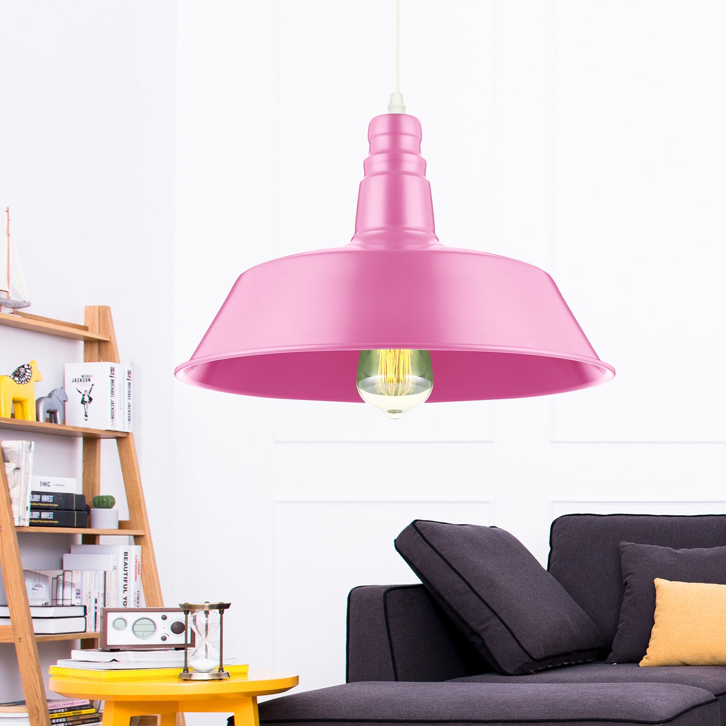 10/14 Inch Wide Barn Living Room Pendant Lighting Industrial Style Metal 1 Bulb Pink/Yellow Hanging Light with Adjustable Cord Pink Clearhalo 'Art Deco Pendants' 'Cast Iron' 'Ceiling Lights' 'Ceramic' 'Crystal' 'Industrial Pendants' 'Industrial' 'Metal' 'Middle Century Pendants' 'Pendant Lights' 'Pendants' 'Tiffany' Lighting' 20785