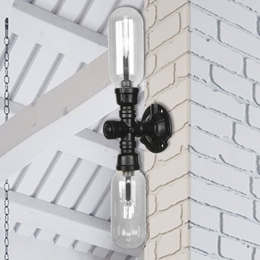 Clear Glass Black Sconce Light Capsule Shade 2/4 Light Industrial Wall Mounted Pipe Lighting Black C Clearhalo 'Industrial wall lights' 'Industrial' 'Middle century wall lights' 'Tiffany' 'Wall Lamps & Sconces' 'Wall Lights' Lighting' 207979