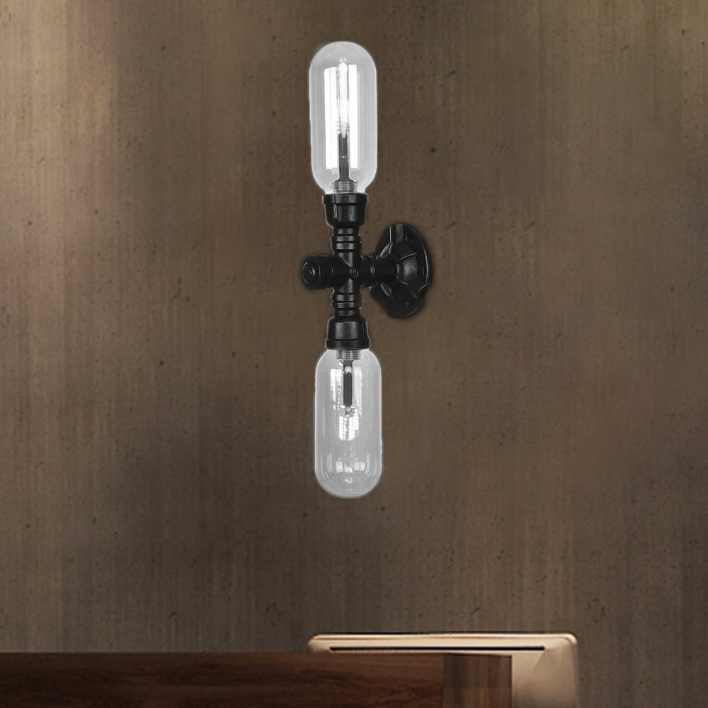 Clear Glass Black Sconce Light Capsule Shade 2/4 Light Industrial Wall Mounted Pipe Lighting Clearhalo 'Industrial wall lights' 'Industrial' 'Middle century wall lights' 'Tiffany' 'Wall Lamps & Sconces' 'Wall Lights' Lighting' 207980
