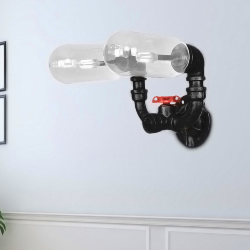 Clear Glass Black Sconce Light Capsule Shade 2/4 Light Industrial Wall Mounted Pipe Lighting Black B Clearhalo 'Industrial wall lights' 'Industrial' 'Middle century wall lights' 'Tiffany' 'Wall Lamps & Sconces' 'Wall Lights' Lighting' 207986