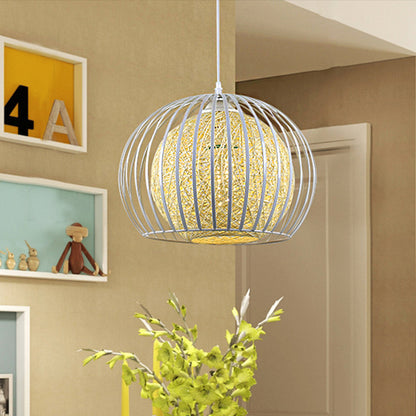 1 Light Dining Room Pendant Light Kit with Globe Beige Cotton Shade and Wire Cage Modern Suspension Light Beige Clearhalo 'Ceiling Lights' 'Modern Pendants' 'Modern' 'Pendant Lights' 'Pendants' Lighting' 208012