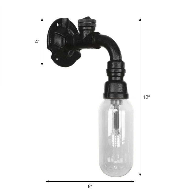 Black Capsule Shade Sconce Light Industrial Clear Glass 1 Light Corridor Wall Mount Lighting with Pipe Design Clearhalo 'Art deco wall lights' 'Cast Iron' 'Glass' 'Industrial wall lights' 'Industrial' 'Middle century wall lights' 'Modern' 'Rustic wall lights' 'Tiffany' 'Traditional wall lights' 'Wall Lamps & Sconces' 'Wall Lights' Lighting' 208132