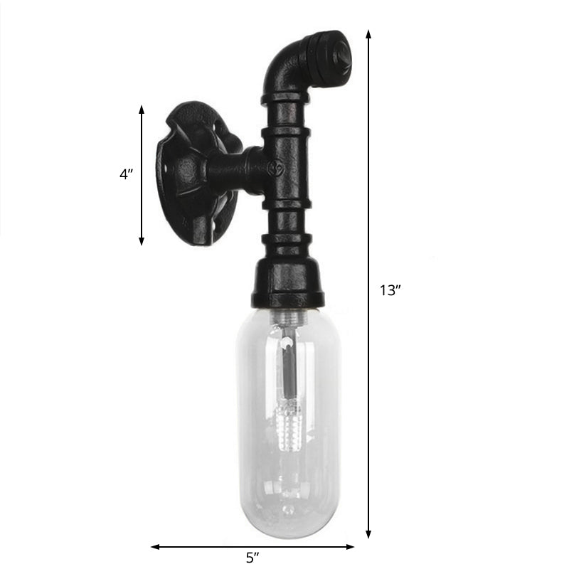 Black Capsule Shade Sconce Light Industrial Clear Glass 1 Light Corridor Wall Mount Lighting with Pipe Design Clearhalo 'Art deco wall lights' 'Cast Iron' 'Glass' 'Industrial wall lights' 'Industrial' 'Middle century wall lights' 'Modern' 'Rustic wall lights' 'Tiffany' 'Traditional wall lights' 'Wall Lamps & Sconces' 'Wall Lights' Lighting' 208135