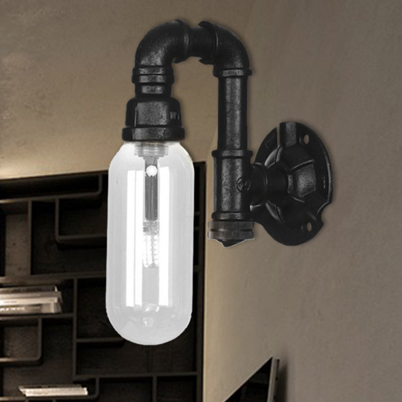Industrial Capsule Shade Sconce Light Fixture Single Bulb Clear Glass Wall Mounted Pipe Light in Black Black C Clearhalo 'Art deco wall lights' 'Cast Iron' 'Glass' 'Industrial wall lights' 'Industrial' 'Middle century wall lights' 'Modern' 'Rustic wall lights' 'Tiffany' 'Traditional wall lights' 'Wall Lamps & Sconces' 'Wall Lights' Lighting' 208163