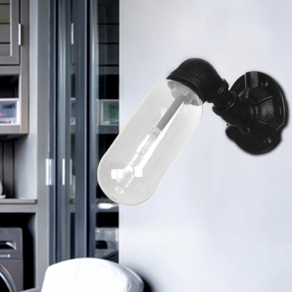 1 Light Wall Lamp Lighting Industrial Capsule Clear Glass Sconce Light Fixture in Black with Pipe Design Clearhalo 'Art deco wall lights' 'Cast Iron' 'Glass' 'Industrial wall lights' 'Industrial' 'Middle century wall lights' 'Modern' 'Rustic wall lights' 'Tiffany' 'Traditional wall lights' 'Wall Lamps & Sconces' 'Wall Lights' Lighting' 208175