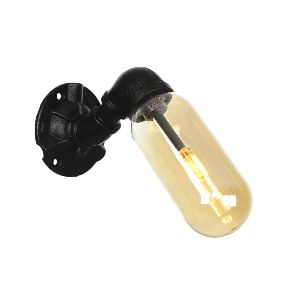 1 Bulb Capsule Sconce Lamp Black Industrial Metal and Amber Glass Wall Mounted Light for Indoor with Pipe Clearhalo 'Art deco wall lights' 'Cast Iron' 'Glass' 'Industrial wall lights' 'Industrial' 'Middle century wall lights' 'Modern' 'Rustic wall lights' 'Tiffany' 'Traditional wall lights' 'Wall Lamps & Sconces' 'Wall Lights' Lighting' 208231