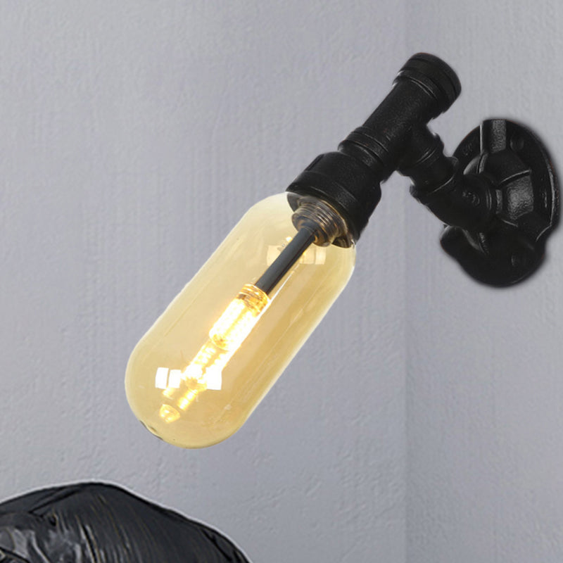 1 Bulb Capsule Sconce Lamp Black Industrial Metal and Amber Glass Wall Mounted Light for Indoor with Pipe Black C Clearhalo 'Art deco wall lights' 'Cast Iron' 'Glass' 'Industrial wall lights' 'Industrial' 'Middle century wall lights' 'Modern' 'Rustic wall lights' 'Tiffany' 'Traditional wall lights' 'Wall Lamps & Sconces' 'Wall Lights' Lighting' 208233
