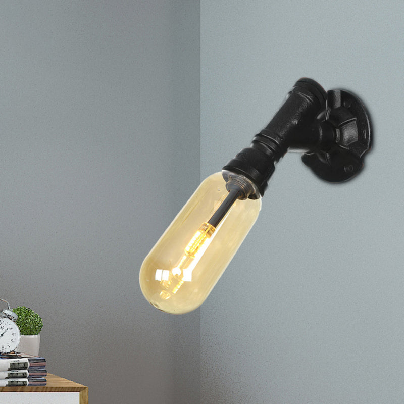 1 Bulb Capsule Sconce Lamp Black Industrial Metal and Amber Glass Wall Mounted Light for Indoor with Pipe Black D Clearhalo 'Art deco wall lights' 'Cast Iron' 'Glass' 'Industrial wall lights' 'Industrial' 'Middle century wall lights' 'Modern' 'Rustic wall lights' 'Tiffany' 'Traditional wall lights' 'Wall Lamps & Sconces' 'Wall Lights' Lighting' 208236