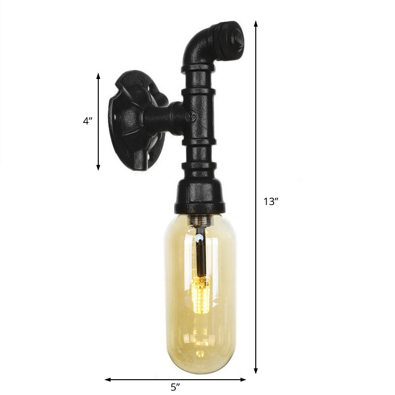 Oval Amber Glass Sconce Lighting Industrial 1 Bulb Corridor Wall Mounted Lamp in Black with Pipe Design Clearhalo 'Art deco wall lights' 'Cast Iron' 'Glass' 'Industrial wall lights' 'Industrial' 'Middle century wall lights' 'Modern' 'Rustic wall lights' 'Tiffany' 'Traditional wall lights' 'Wall Lamps & Sconces' 'Wall Lights' Lighting' 208295