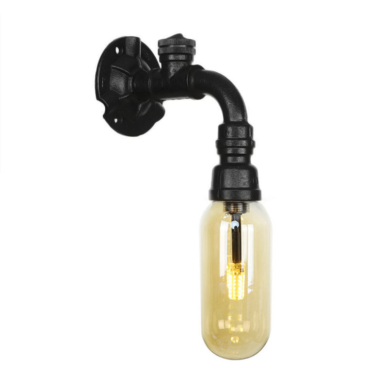 Oval Amber Glass Sconce Lighting Industrial 1 Bulb Corridor Wall Mounted Lamp in Black with Pipe Design Clearhalo 'Art deco wall lights' 'Cast Iron' 'Glass' 'Industrial wall lights' 'Industrial' 'Middle century wall lights' 'Modern' 'Rustic wall lights' 'Tiffany' 'Traditional wall lights' 'Wall Lamps & Sconces' 'Wall Lights' Lighting' 208297