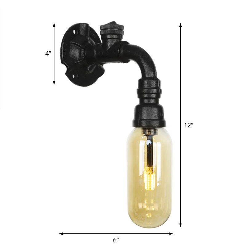 Oval Amber Glass Sconce Lighting Industrial 1 Bulb Corridor Wall Mounted Lamp in Black with Pipe Design Clearhalo 'Art deco wall lights' 'Cast Iron' 'Glass' 'Industrial wall lights' 'Industrial' 'Middle century wall lights' 'Modern' 'Rustic wall lights' 'Tiffany' 'Traditional wall lights' 'Wall Lamps & Sconces' 'Wall Lights' Lighting' 208298
