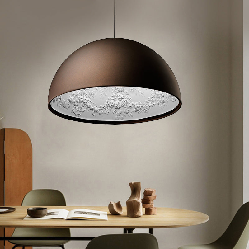 Dome Shade Pendant Lamp with Flower Pattern Inside Modern Metal 1 Light Gold/Coffee/Black Hanging Ceiling Light, 16"/23.5"/35.5" Wide Coffee Clearhalo 'Ceiling Lights' 'Modern Pendants' 'Modern' 'Pendant Lights' 'Pendants' Lighting' 208310