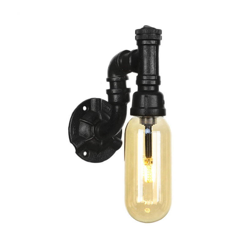 Capsule Amber Glass Sconce Lighting Industrial 1 Bulb Indoor Wall Mounted Lamp in Black with Pipe Design Clearhalo 'Art deco wall lights' 'Cast Iron' 'Glass' 'Industrial wall lights' 'Industrial' 'Middle century wall lights' 'Modern' 'Rustic wall lights' 'Tiffany' 'Traditional wall lights' 'Wall Lamps & Sconces' 'Wall Lights' Lighting' 208378