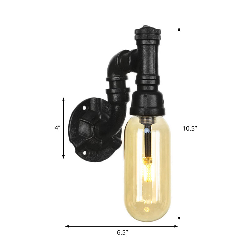 Capsule Amber Glass Sconce Lighting Industrial 1 Bulb Indoor Wall Mounted Lamp in Black with Pipe Design Clearhalo 'Art deco wall lights' 'Cast Iron' 'Glass' 'Industrial wall lights' 'Industrial' 'Middle century wall lights' 'Modern' 'Rustic wall lights' 'Tiffany' 'Traditional wall lights' 'Wall Lamps & Sconces' 'Wall Lights' Lighting' 208379
