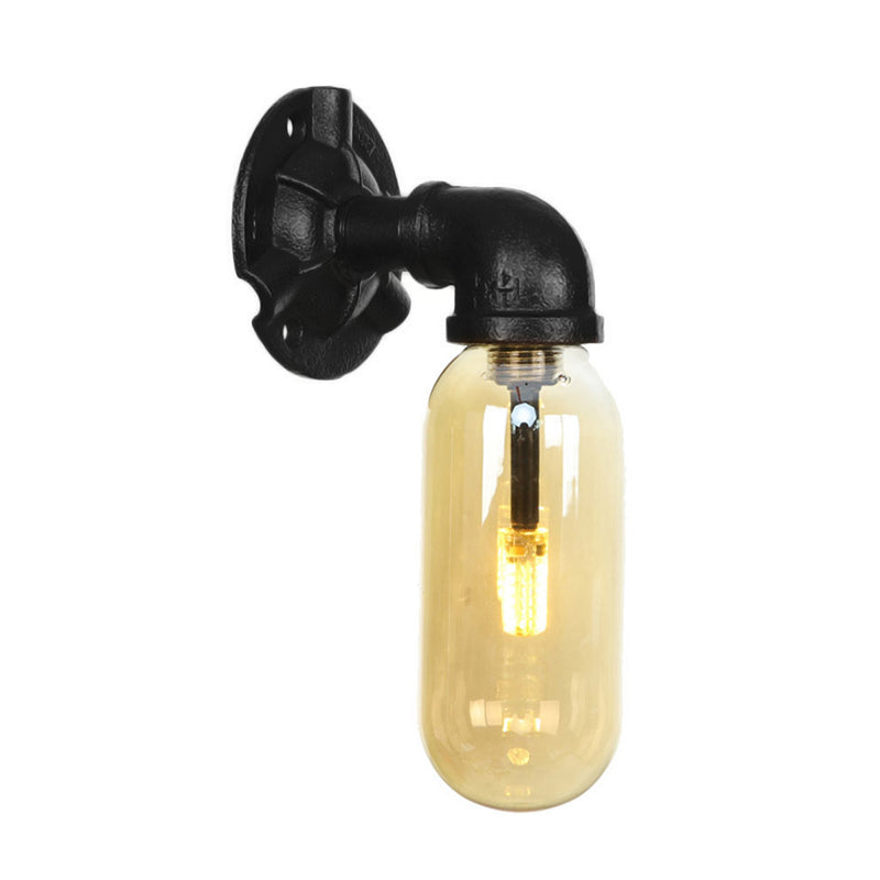 Capsule Amber Glass Sconce Lighting Industrial 1 Bulb Indoor Wall Mounted Lamp in Black with Pipe Design Clearhalo 'Art deco wall lights' 'Cast Iron' 'Glass' 'Industrial wall lights' 'Industrial' 'Middle century wall lights' 'Modern' 'Rustic wall lights' 'Tiffany' 'Traditional wall lights' 'Wall Lamps & Sconces' 'Wall Lights' Lighting' 208381