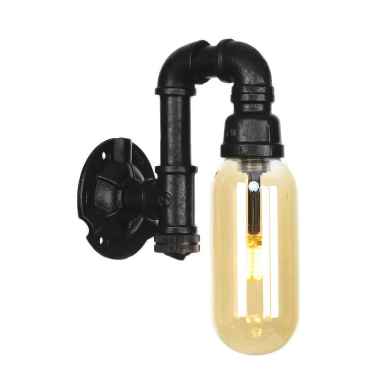 Capsule Amber Glass Sconce Lighting Industrial 1 Bulb Indoor Wall Mounted Lamp in Black with Pipe Design Clearhalo 'Art deco wall lights' 'Cast Iron' 'Glass' 'Industrial wall lights' 'Industrial' 'Middle century wall lights' 'Modern' 'Rustic wall lights' 'Tiffany' 'Traditional wall lights' 'Wall Lamps & Sconces' 'Wall Lights' Lighting' 208385