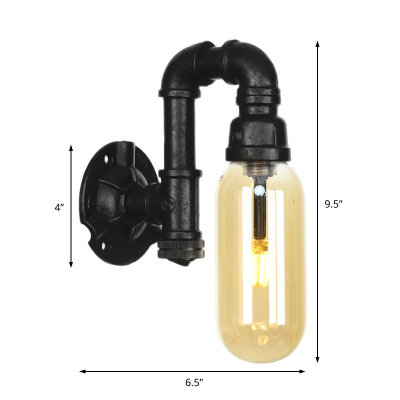 Capsule Amber Glass Sconce Lighting Industrial 1 Bulb Indoor Wall Mounted Lamp in Black with Pipe Design Clearhalo 'Art deco wall lights' 'Cast Iron' 'Glass' 'Industrial wall lights' 'Industrial' 'Middle century wall lights' 'Modern' 'Rustic wall lights' 'Tiffany' 'Traditional wall lights' 'Wall Lamps & Sconces' 'Wall Lights' Lighting' 208386