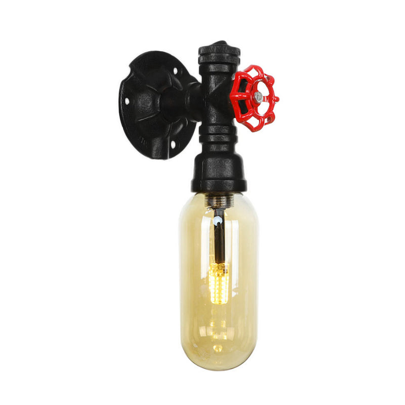 Capsule Amber Glass Sconce Lighting Industrial 1 Bulb Indoor Wall Mounted Lamp in Black with Pipe Design Clearhalo 'Art deco wall lights' 'Cast Iron' 'Glass' 'Industrial wall lights' 'Industrial' 'Middle century wall lights' 'Modern' 'Rustic wall lights' 'Tiffany' 'Traditional wall lights' 'Wall Lamps & Sconces' 'Wall Lights' Lighting' 208391