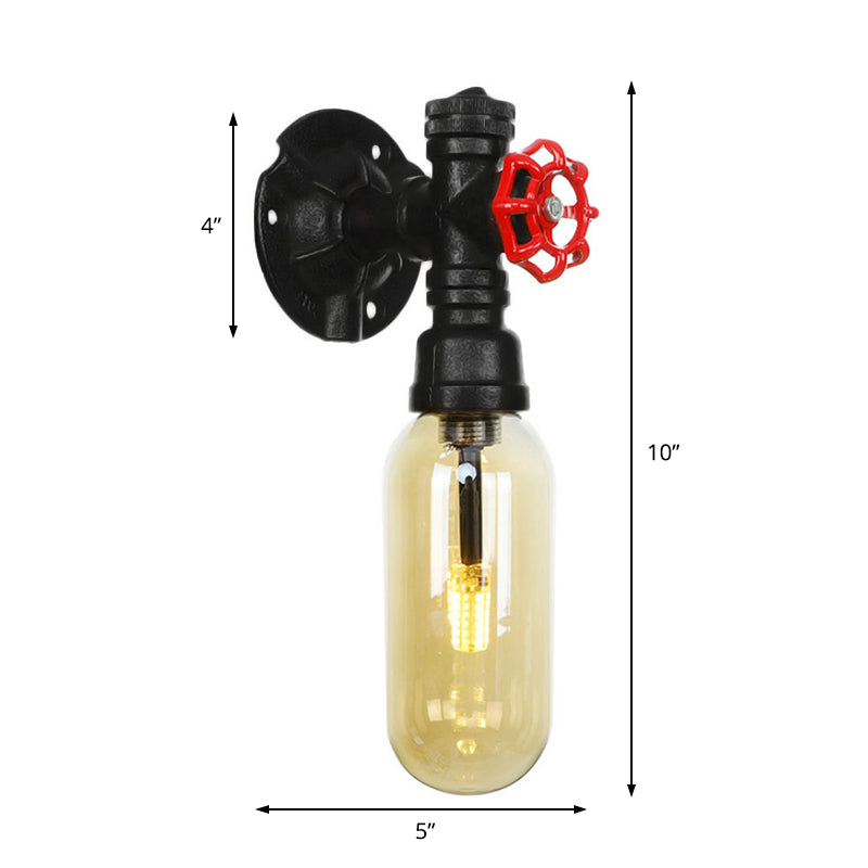 Capsule Amber Glass Sconce Lighting Industrial 1 Bulb Indoor Wall Mounted Lamp in Black with Pipe Design Clearhalo 'Art deco wall lights' 'Cast Iron' 'Glass' 'Industrial wall lights' 'Industrial' 'Middle century wall lights' 'Modern' 'Rustic wall lights' 'Tiffany' 'Traditional wall lights' 'Wall Lamps & Sconces' 'Wall Lights' Lighting' 208392