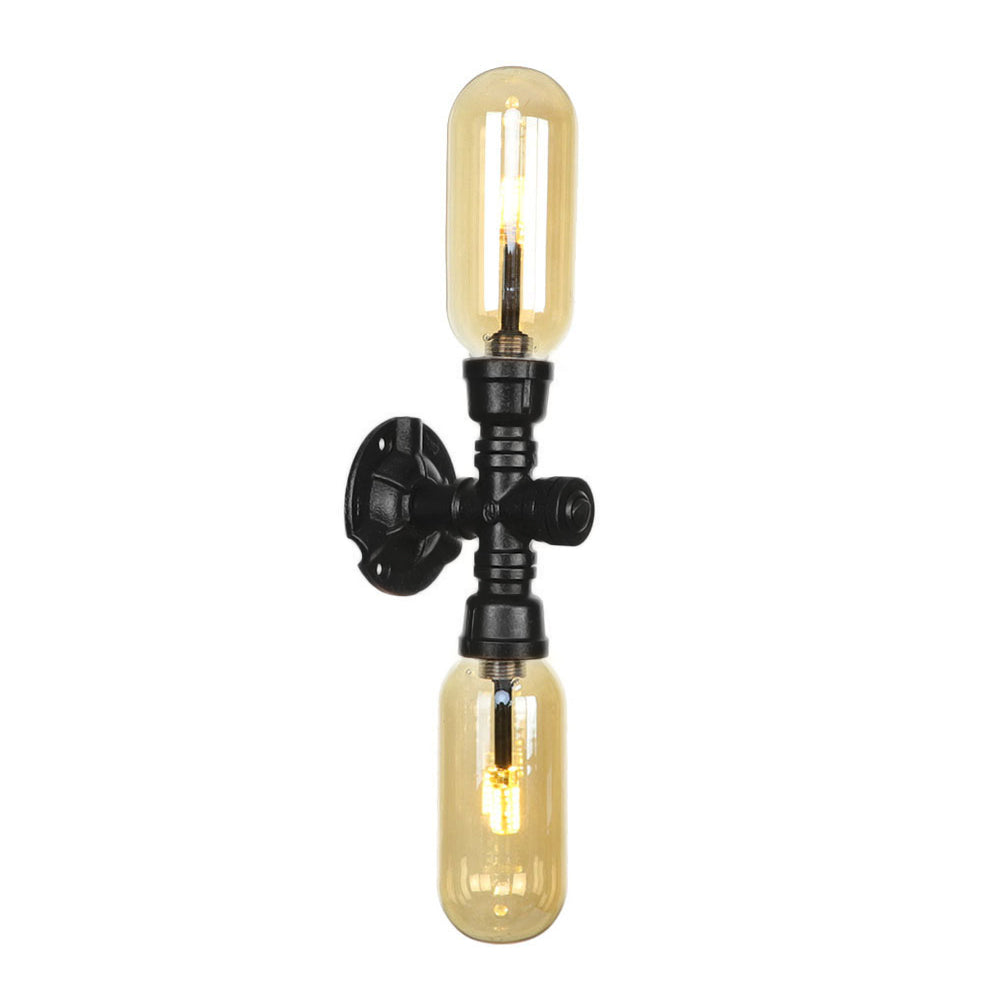 1/2 Bulb Wall Light Capsule Amber Glass Industrial Dining Room Sconce Lighting Fixture in Black with Pipe Design Clearhalo 'Art deco wall lights' 'Cast Iron' 'Glass' 'Industrial wall lights' 'Industrial' 'Middle century wall lights' 'Modern' 'Rustic wall lights' 'Tiffany' 'Traditional wall lights' 'Wall Lamps & Sconces' 'Wall Lights' Lighting' 208441