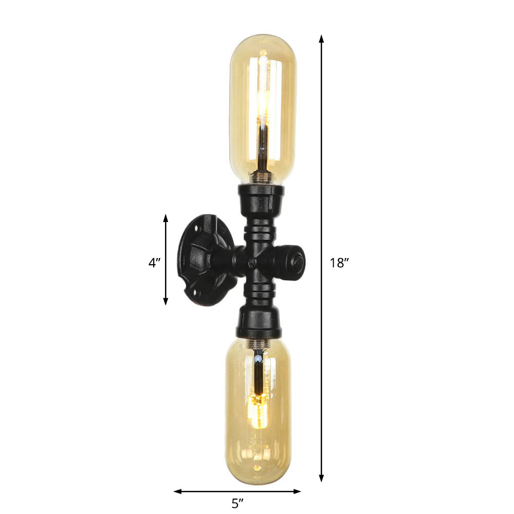 1/2 Bulb Wall Light Capsule Amber Glass Industrial Dining Room Sconce Lighting Fixture in Black with Pipe Design Clearhalo 'Art deco wall lights' 'Cast Iron' 'Glass' 'Industrial wall lights' 'Industrial' 'Middle century wall lights' 'Modern' 'Rustic wall lights' 'Tiffany' 'Traditional wall lights' 'Wall Lamps & Sconces' 'Wall Lights' Lighting' 208442